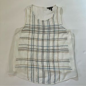 Nic+ Zoe off white sleeveless blouse with blue lines and bronze beading